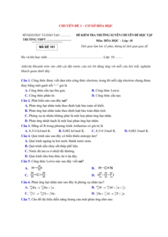 3 Đề kiểm tra thường xuyên chuyên đề học tập môn Hóa học Lớp 10 - Chuyên đề 1 (Có đáp án)