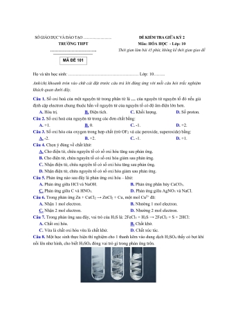 5 Đề kiểm tra giữa kỳ 2 môn Hóa học Lớp 10 (Có đáp án)