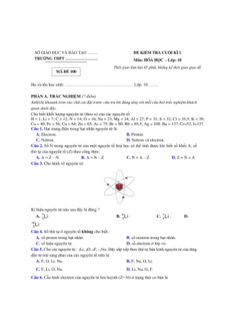 Đề kiểm tra cuối kì 1 môn Hóa học Lớp 10 - Mã đề 100 (Có đáp án)