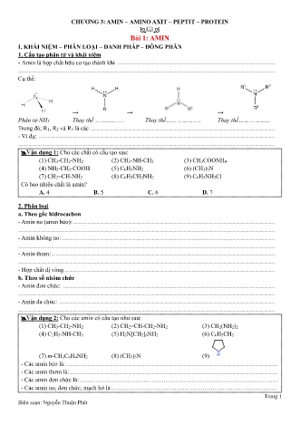 Bài tập ôn tập môn Hóa học Lớp 12 - Chương 3: Amin-amino axit-Peptit-Protein - Bài 1: Amin