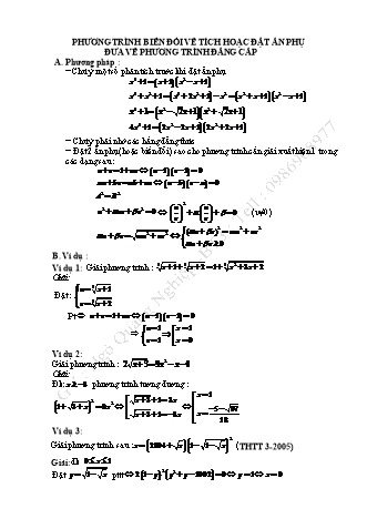 Bài tập Toán Lớp 12 (Có lời giải) - Phương trình biến đổi về tích hoặc đặt ẩn phụ đưa về phương trình đẳng cấp