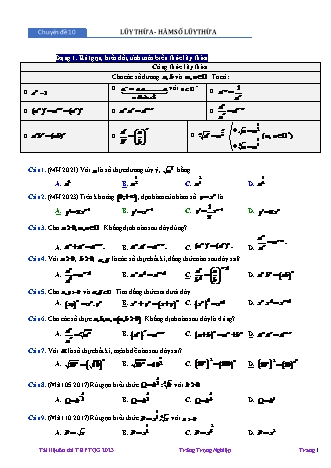 Đề cương ôn thi tốt nghiệp THPT Quốc gia môn Toán - Chuyên đề 10: Lũy thừa. Hàm số lũy thừa - Năm học 2022-2023