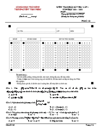 Đề khảo sát chất lượng học kì 1 môn Toán Lớp 10 - Mã đề 101 - Năm học 2021-2022 - Trường THPT Thái Phúc