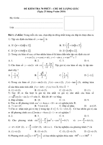 Đề kiểm tra 70 phút môn Toán Lớp 11 - Chủ đề: Lượng giác - Năm học 2016-2017