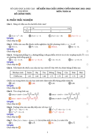 Đề kiểm tra chất lượng cuối năm môn Toán Lớp 10 (Có đáp án) - Năm học 2021-2022