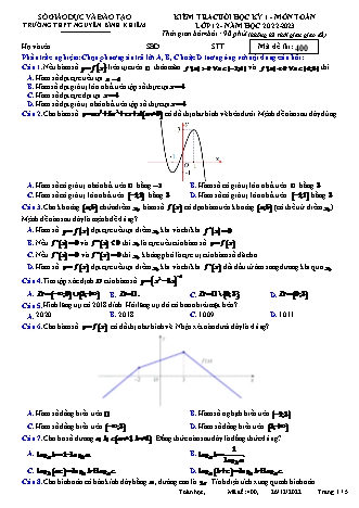 Đề kiểm tra cuối học kì 1 môn Toán Lớp 12 - Mã đề 400 - Năm học 2022-2023 - Trường THPT Nguyễn Bỉnh Khiêm