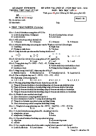 Đề kiểm tra cuối kì 1 Lớp 10 môn Hóa học (Mã đề 170) sách Cánh diều - Năm học 2022-2023