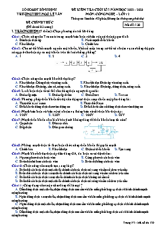 Đề kiểm tra cuối kì 1 môn Công nghệ Lớp 12 - Mã đề 130 - Năm học 2022-2023 - Trường THPT Ngô Lê Tân