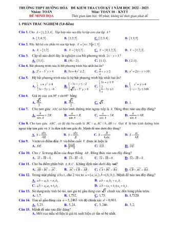 Đề kiểm tra cuối kì 1 môn Toán Lớp 10 sách Kết nối tri thức - Năm học 2022-2023 - Trường THPT Hướng Hóa