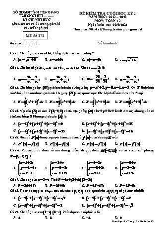 Đề kiểm tra cuối kì 2 môn Toán Lớp 12 - Mã đề 171 - Năm học 2022-2023