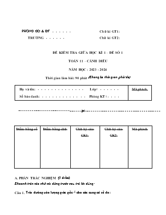 Đề kiểm tra giữa học kì 1 Lớp 11 môn Toán sách Cánh diều - Đề số 1 - Năm học 2023-2024