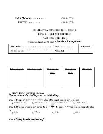 Đề kiểm tra giữa học kì 1 Lớp 11 môn Toán sách Kết nối tri thức - Đề số 1 - Năm học 2023-2024