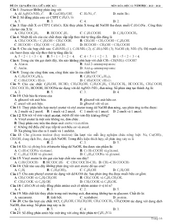 Đề kiểm tra giữa học kì 1 môn Hóa Học Lớp 12 - Năm học 2023-2024