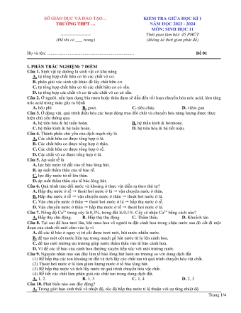 Đề kiểm tra giữa học kì 1 môn Sinh học Lớp 11 - Đề 01 - Năm học 2023-2024