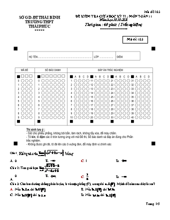 Đề kiểm tra giữa học kì 2 môn Toán Lớp 11 - Năm học 2020-2021 - Trường THPT Thái Phúc