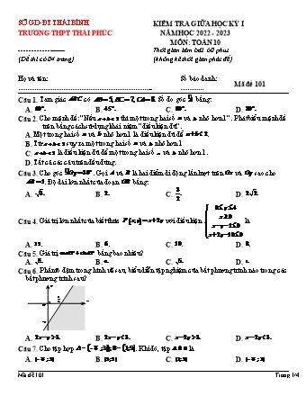 Đề kiểm tra giữa kì 1 Lớp 10 môn Toán sách Cánh diều - Mã đề 101 - Trường THPT Thái Phúc