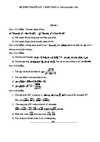 Đề kiểm tra giữa kì 1 môn Toán Lớp 10 (Có đáp án) - Năm học 2020-2021