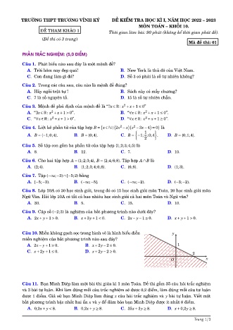 Đề kiểm tra học kì 1 môn Toán Lớp 10 sách Kết nối tri thức - Mã đề 01 - Năm học 2022-2023 - Trường THPT Trương Vĩnh Ký