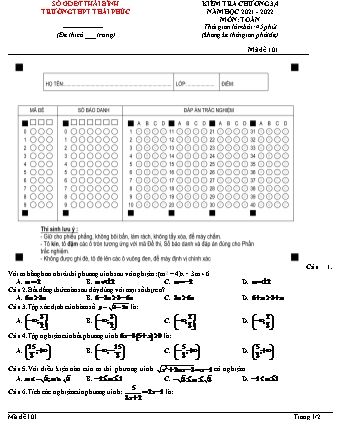 Đề kiểm tra môn Toán Lớp 10 - Mã đề 101 - Năm học 2021-2022 - Trường THPT Thái Phúc