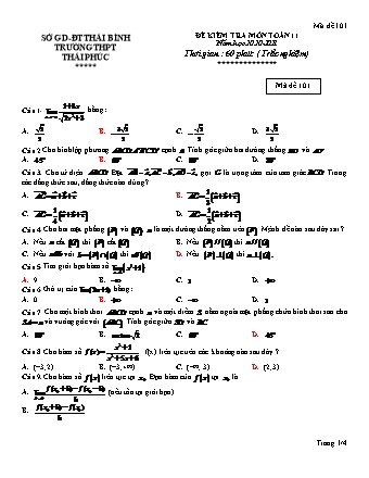 Đề kiểm tra môn Toán Lớp 11 - Mã đề 101 - Năm học 2020-2021 - Trường THPT Thái Phúc