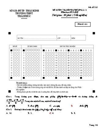 Đề kiểm tra môn Toán Lớp 12 (Có đáp án) - Mã đề 101 - Năm học 2019-2020 - Trường THPT Thái Phúc