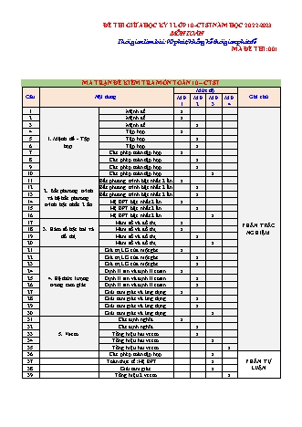 Đề thi giữa học kì 1 Lớp 10 môn Toán sách Chân trời sáng tạo - Mã đề 001 - Năm học 2022-2023