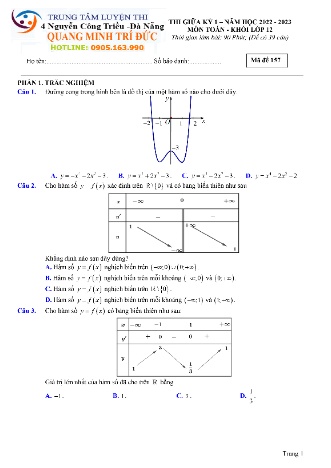 Đề thi giữa học kì 1 môn Toán Lớp 12 - Mã đề 157 - Năm học 2022-2023