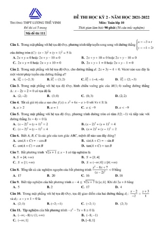 Đề thi học kì 2 Toán Lớp 10 - Mã đề 111 - Năm học 2021-2022 - Trường THPT Lương Thế Vinh
