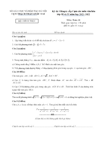 Đề thi Olympic cấp Cụm môn Toán Lớp 10 - Năm học 2021-2022