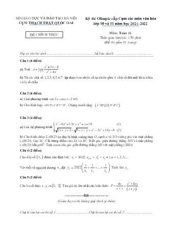 Đề thi Olympic cấp Cụm môn Toán Lớp 11 - Năm học 2021-2022