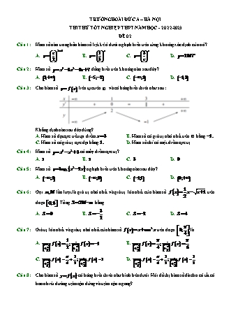 Đề thi thử tốt nghiệp THPT môn Toán (Có lời giải) - Đề 02 - Năm 2022-2023 - Trường THPT Hoài Đức A