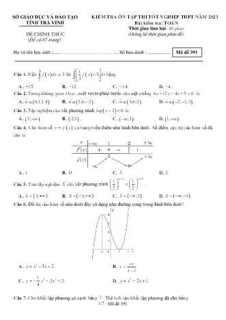 Đề thi thử tốt nghiệp THPT môn Toán (Có lời giải) - Mã đề 391 - Năm 2022-2023 - Sở GD&ĐT tỉnh Trà Vinh