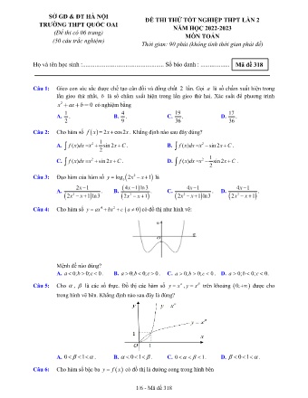 Đề thi thử tốt nghiệp THPT môn Toán - Mã đề 318 - Năm học 2022-2023 - Trường THPT Quốc Oai