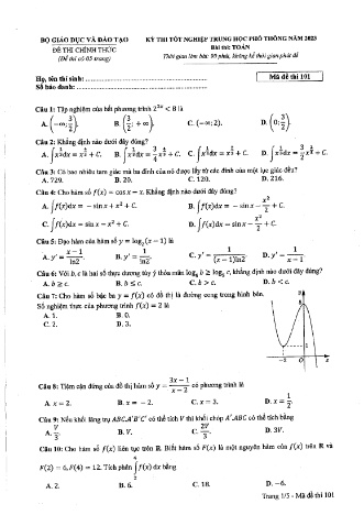 Đề thi tốt nghiệp THPT môn Toán (Có đáp án) - Mã đề 101 - Năm học 2022-2023 - Bộ GD&ĐT