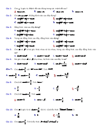 Đề trắc nghiệm ôn tập môn Toán Lớp 11 (Có đáp án) - Đề 1: Góc và cung lượng giác