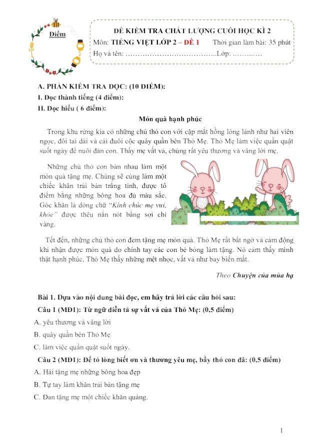 10 Đề kiểm tra chất lượng cuối học kì II môn Tiếng Việt 2 (Có đáp án)