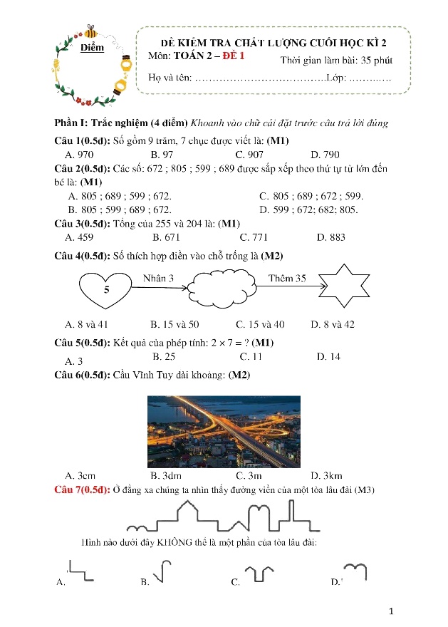 10 Đề kiểm tra chất lượng cuối học kì II môn Toán 2 (Có đáp án)