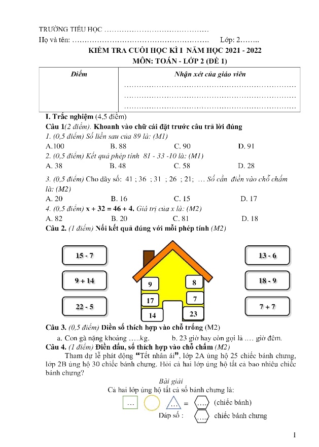 10 Đề kiểm tra định kì cuối học kì 1 môn Toán 2 - Năm học 2021-2022