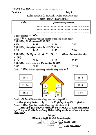 2 Đề kiểm tra định kì cuối học kì 1 môn Toán 2 - Năm học 2023-2024 (Ma trận + Đáp án)
