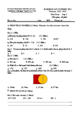 Bài khảo sát cuối học kì I môn Toán, Tiếng Việt 3 - Trường TH Trần Tất Văn, Huyện An Lão - Năm học 2023-2024 (Có đáp án)