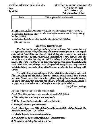 Bài khảo sát cuối học kì II môn Tiếng Việt 3 - Trường TH Trần Tất Văn, Huyện An Lão - Năm học 2022-2023