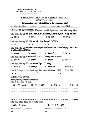 Bài khảo sát cuối học kì II môn Toán 3 - Trường TH Trần Tất Văn, Huyện An Lão - Năm học 2022-2023
