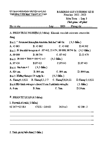 Bài khảo sát cuối học kì II môn Toán, Tiếng Việt 3 - Trường TH Trần Tất Văn, Huyện An Lão - Năm học 2022-2023