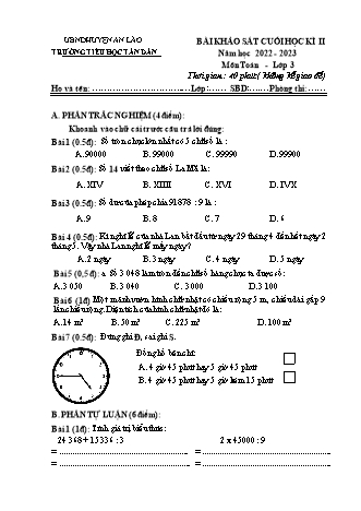Bài khảo sát cuối học kì II môn Toán, Tiếng Việt 3 - Trường TH Tân Dân, Huyện An Lão - Năm học 2022-2023 (Kèm hướng dẫn chấm)