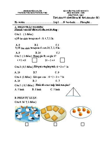 Bài kiểm tra cuối học kì 1 môn Toán, Tiếng Việt 1 - Trường TH Trường Thọ, Huyện An Lão - Năm học 2023-2024