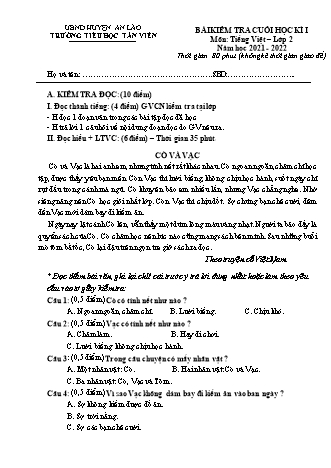 Bài kiểm tra cuối học kì I môn Tiếng Việt 2 - Trường TH Tân Viên, Huyện An Lão - Năm học 2021-2022 (Hướng dẫn chấm)