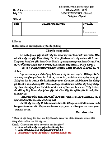 Bài kiểm tra cuối học kì I môn Tiếng Việt 3 - Năm học 2023-2024 (Có đáp án)