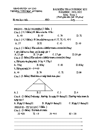 Bài kiểm tra cuối học kì I môn Toán 2 - Trường TH An Thắng, Huyện An Lão (Năm học 2021-2022)(Hướng dẫn chấm)