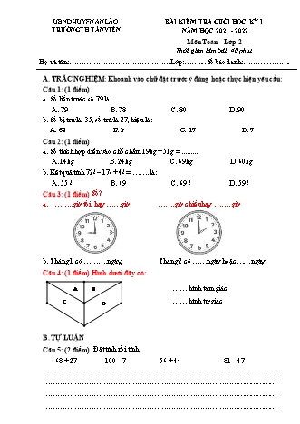 Bài kiểm tra cuối học kì I môn Toán 2 - Trường TH Tân Viên, Huyện An Lão - Năm học 2021-2022 (Hướng dẫn chấm)