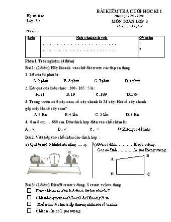 Bài kiểm tra cuối học kì I môn Toán 3 - Năm học 2023-2024 (Kèm hướng dẫn chấm)